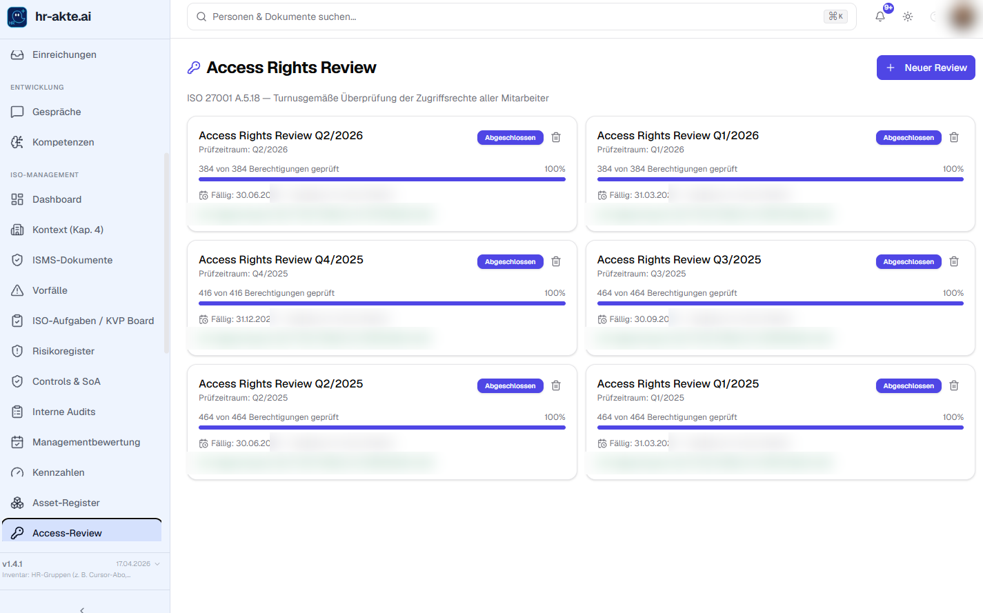 Access-Rights-Reviews pro Quartal mit Prüfstatus
