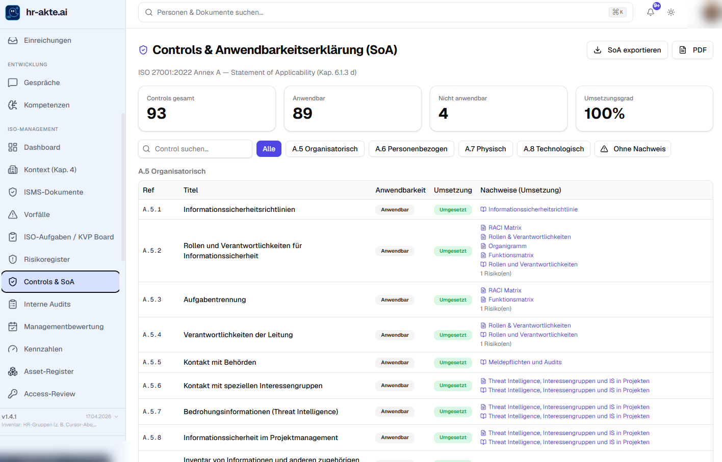 Controls und Statement of Applicability mit Nachweisen